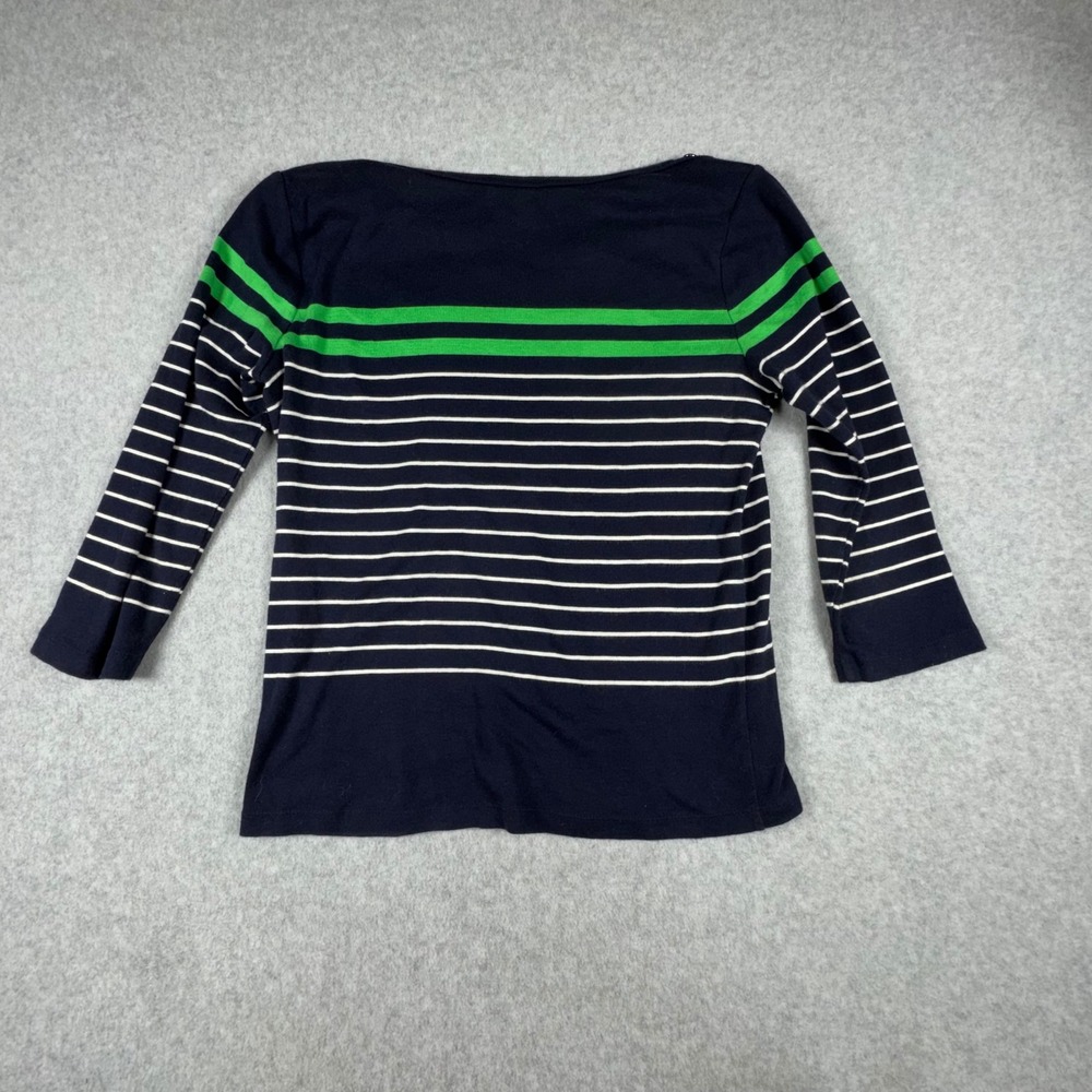 Chaps Womens Navy Blue Striped Boat Neck Cotton Top Gold Shoulder Buttons Size M - Picture 4 of 4